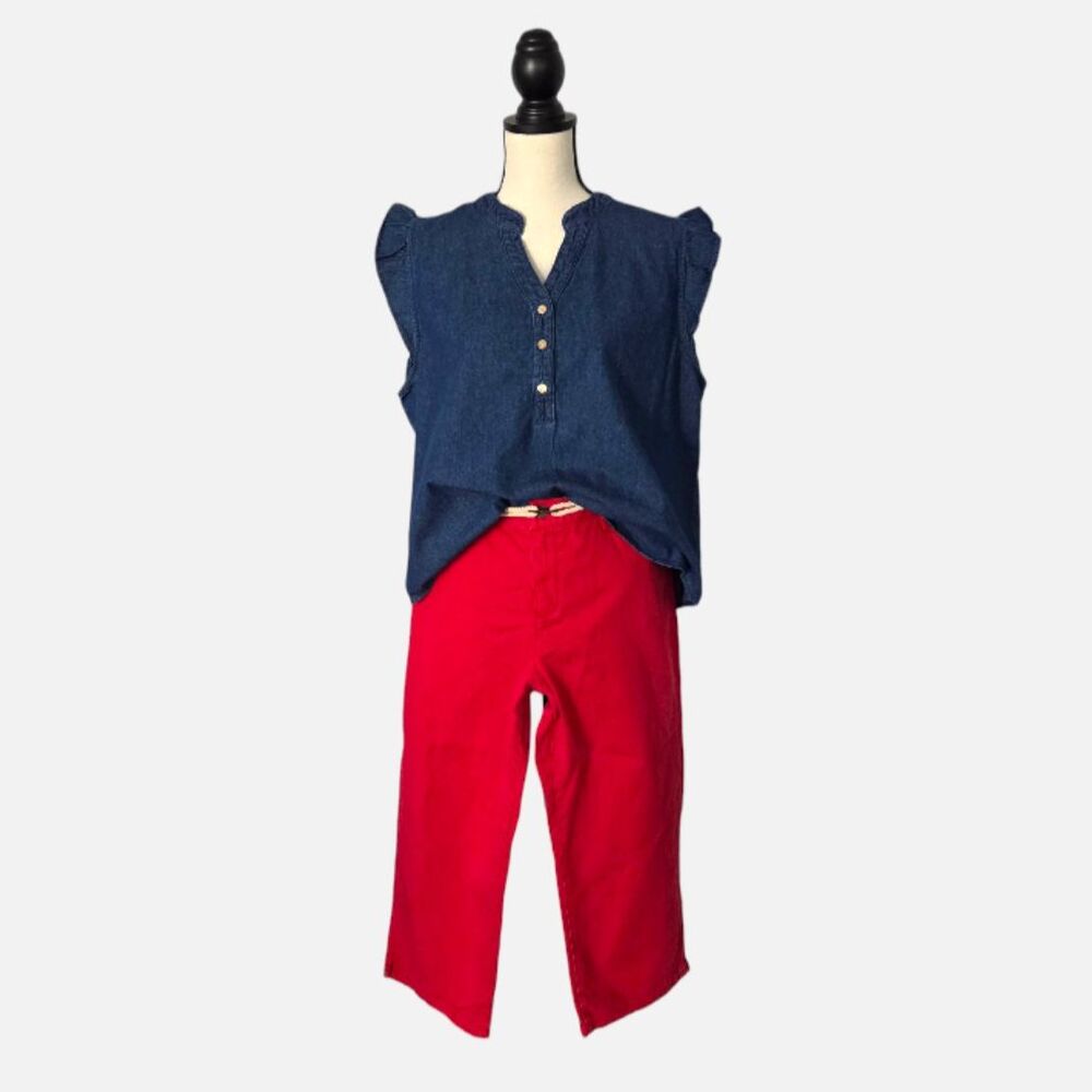 Draper James RSVP Ruffle Chambray Womens Top Size XL Blue Cotton Sleeveless